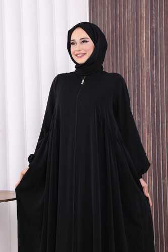 Oval Büzgülü Kol Manşetleri Lastikli Fermuarlı Tam Boy Ferace 6005 Siyah - 6