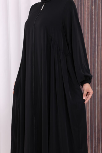 Oval Büzgülü Kol Manşetleri Lastikli Fermuarlı Tam Boy Ferace 6005 Siyah - 7