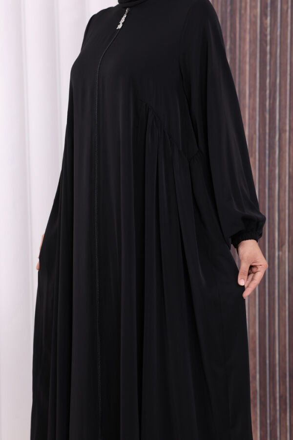 Oval Büzgülü Kol Manşetleri Lastikli Fermuarlı Tam Boy Ferace 6005 Siyah - 7