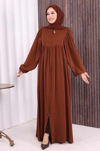 Kol Büzgü Detay Fermuarlı Salaş Ferace 6006 Kahverengi - Bym Fashion