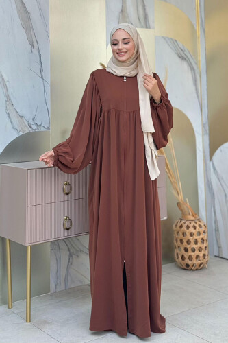 Kol Büzgü Detay Fermuarlı Salaş Ferace 6006 Kahverengi - 7