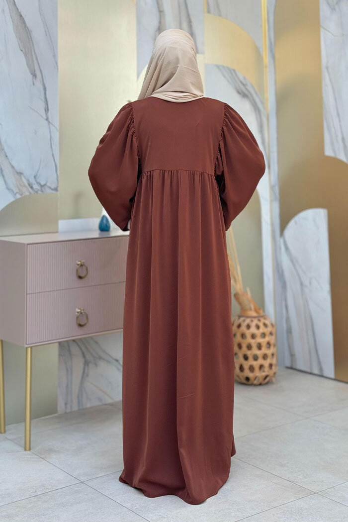 Kol Büzgü Detay Fermuarlı Salaş Ferace 6006 Kahverengi - 8