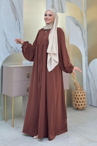 Kol Büzgü Detay Fermuarlı Salaş Ferace 6006 Kahverengi - 9