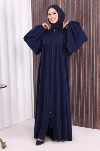 Kol Büzgü Detay Fermuarlı Salaş Ferace 6006 Lacivert