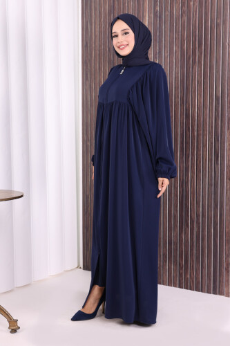 Kol Büzgü Detay Fermuarlı Salaş Ferace 6006 Lacivert - 3