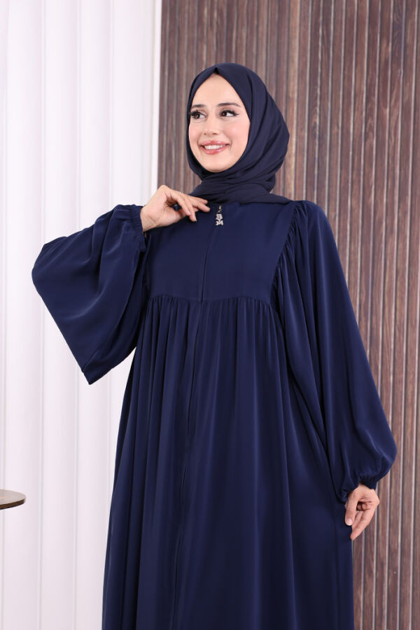 Kol Büzgü Detay Fermuarlı Salaş Ferace 6006 Lacivert - 5