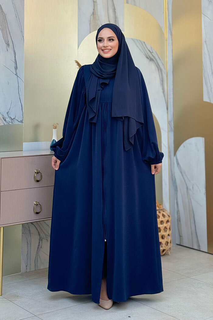 Kol Büzgü Detay Fermuarlı Salaş Ferace 6006 Lacivert - 7