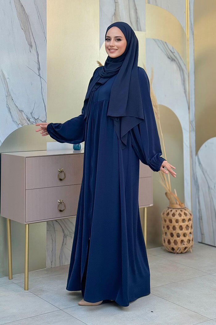 Kol Büzgü Detay Fermuarlı Salaş Ferace 6006 Lacivert - 9