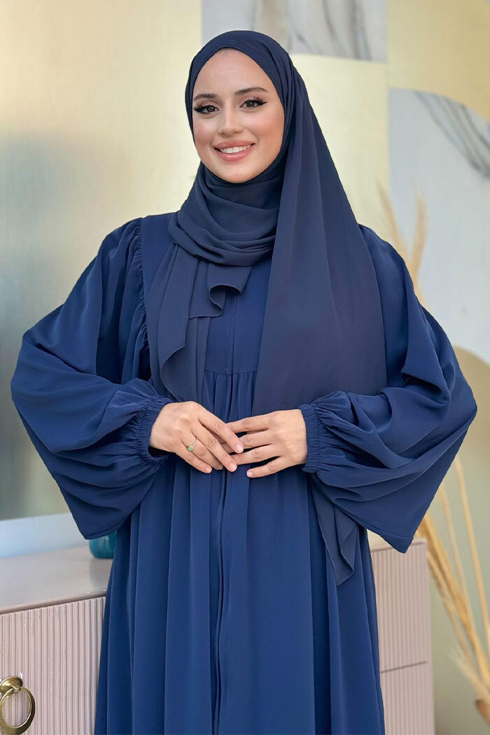 Kol Büzgü Detay Fermuarlı Salaş Ferace 6006 Lacivert - 10