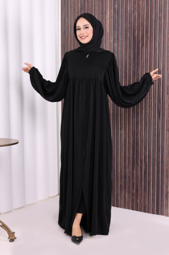 Kol Büzgü Detay Fermuarlı Salaş Ferace 6006 Siyah 