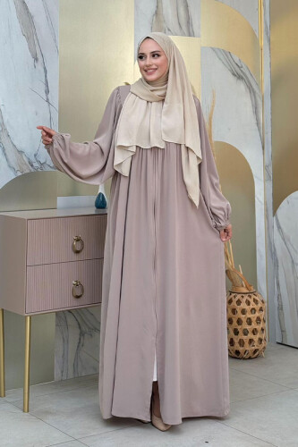 Kol Büzgü Detay Fermuarlı Salaş Ferace 6006 Vizon - Bym Fashion