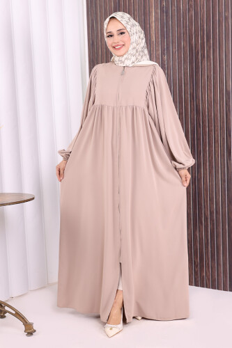 Kol Büzgü Detay Fermuarlı Salaş Ferace 6006 Vizon