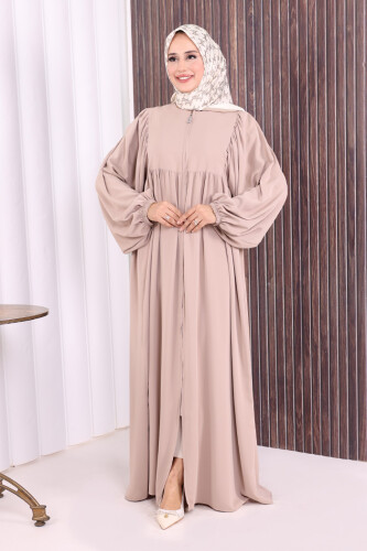 Kol Büzgü Detay Fermuarlı Salaş Ferace 6006 Vizon - 2