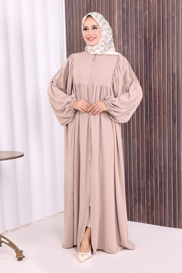 Kol Büzgü Detay Fermuarlı Salaş Ferace 6006 Vizon - 2