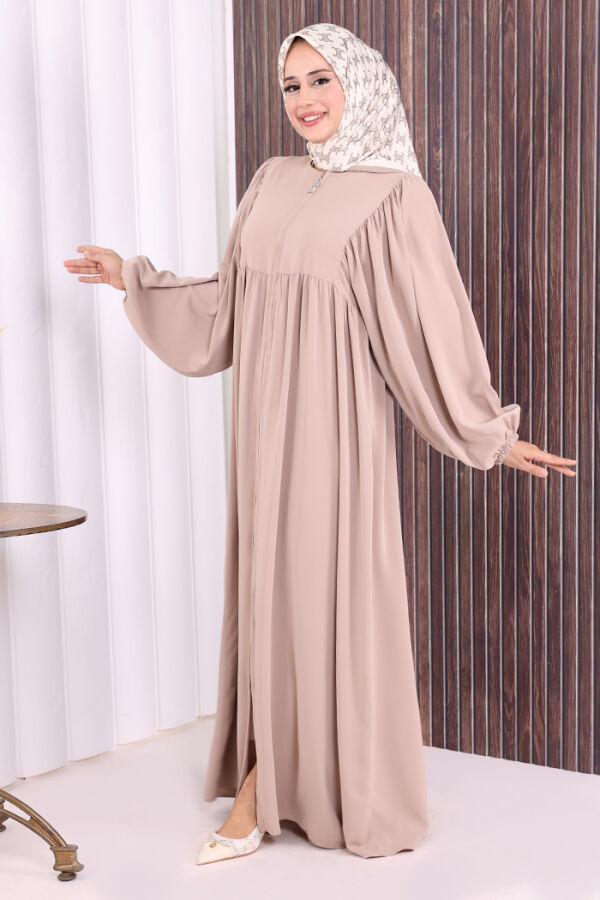 Kol Büzgü Detay Fermuarlı Salaş Ferace 6006 Vizon - 3