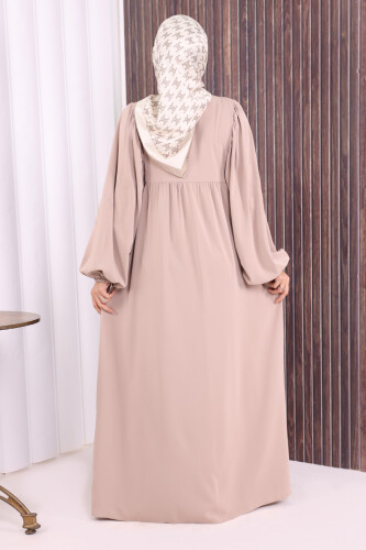 Kol Büzgü Detay Fermuarlı Salaş Ferace 6006 Vizon - 4