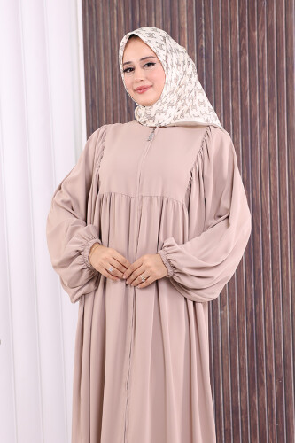 Kol Büzgü Detay Fermuarlı Salaş Ferace 6006 Vizon - 5