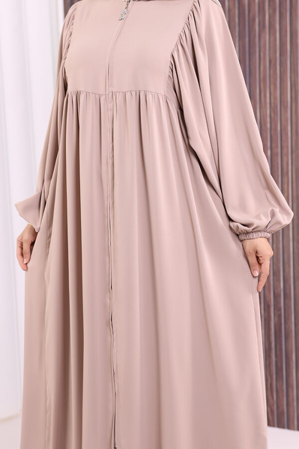 Kol Büzgü Detay Fermuarlı Salaş Ferace 6006 Vizon - 6