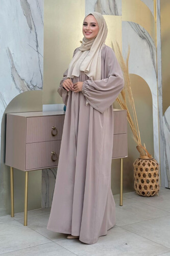 Kol Büzgü Detay Fermuarlı Salaş Ferace 6006 Vizon - 8