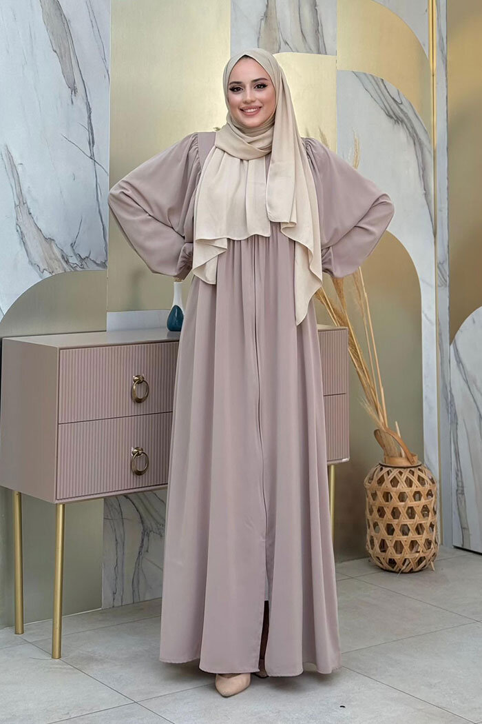 Kol Büzgü Detay Fermuarlı Salaş Ferace 6006 Vizon - 9