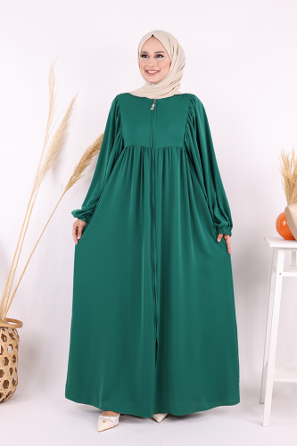 Kol Büzgü Detay Fermuarlı Salaş Ferace 6006 Zümrüt - Bym Fashion