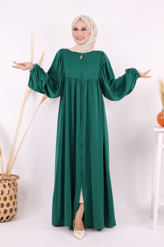 Kol Büzgü Detay Fermuarlı Salaş Ferace 6006 Zümrüt - 2