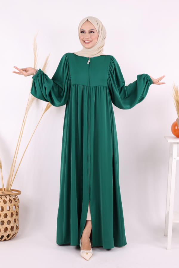 Kol Büzgü Detay Fermuarlı Salaş Ferace 6006 Zümrüt - 2