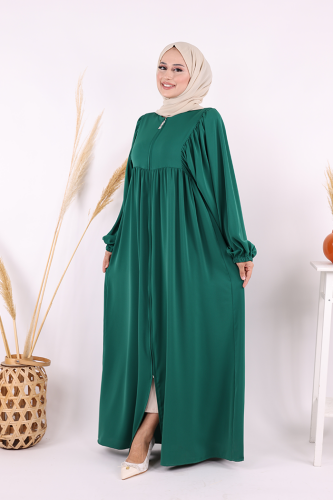 Kol Büzgü Detay Fermuarlı Salaş Ferace 6006 Zümrüt - 3