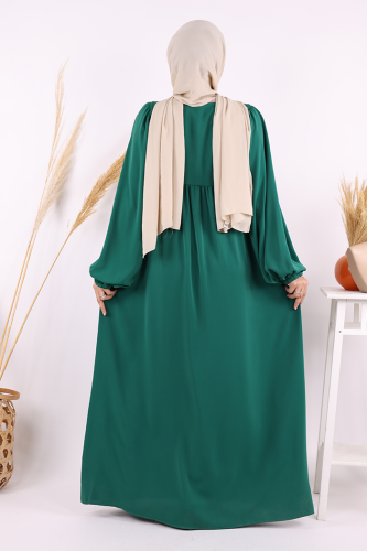 Kol Büzgü Detay Fermuarlı Salaş Ferace 6006 Zümrüt - 4
