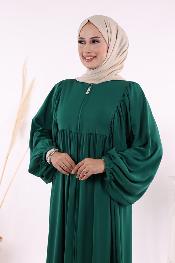 Kol Büzgü Detay Fermuarlı Salaş Ferace 6006 Zümrüt - 5