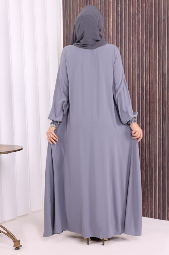 Fermuarlı Kol Manşetleri Büzgülü Mevlana Ferace 6007 Gri - 3