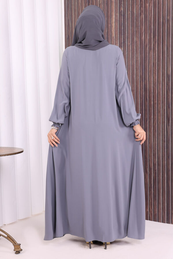 Fermuarlı Kol Manşetleri Büzgülü Mevlana Ferace 6007 Gri - 3
