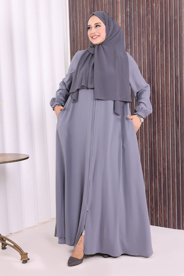 Fermuarlı Kol Manşetleri Büzgülü Mevlana Ferace 6007 Gri - 4