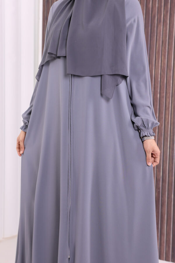 Fermuarlı Kol Manşetleri Büzgülü Mevlana Ferace 6007 Gri - 6