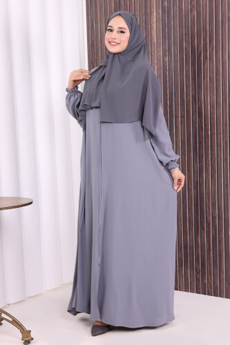 Fermuarlı Kol Manşetleri Büzgülü Mevlana Ferace 6007 Gri - 2