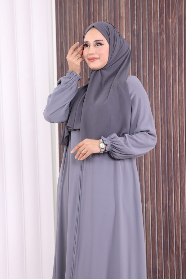 Fermuarlı Kol Manşetleri Büzgülü Mevlana Ferace 6007 Gri - 5