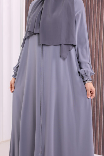 Fermuarlı Kol Manşetleri Büzgülü Mevlana Ferace 6007 Gri - 6
