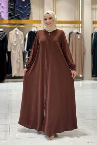 Fermuarlı Kol Manşetleri Büzgülü Mevlana Ferace 6007 Kahverengi - Bym Fashion