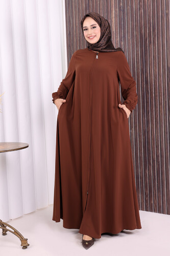 Fermuarlı Kol Manşetleri Büzgülü Mevlana Ferace 6007 Kahverengi - Bym Fashion