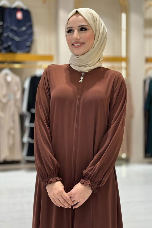 Fermuarlı Kol Manşetleri Büzgülü Mevlana Ferace 6007 Kahverengi - 4