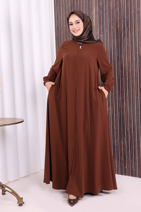 Fermuarlı Kol Manşetleri Büzgülü Mevlana Ferace 6007 Kahverengi - 1