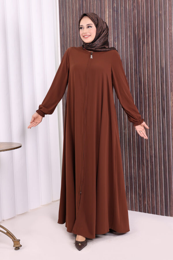 Fermuarlı Kol Manşetleri Büzgülü Mevlana Ferace 6007 Kahverengi - 2