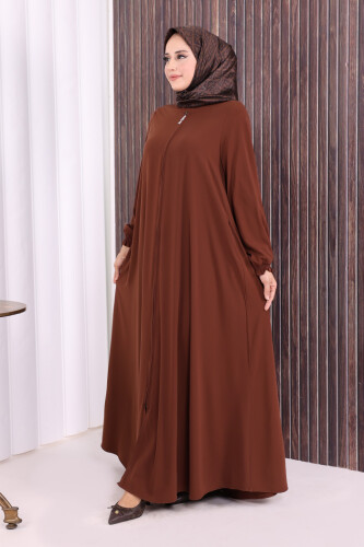 Fermuarlı Kol Manşetleri Büzgülü Mevlana Ferace 6007 Kahverengi - 4