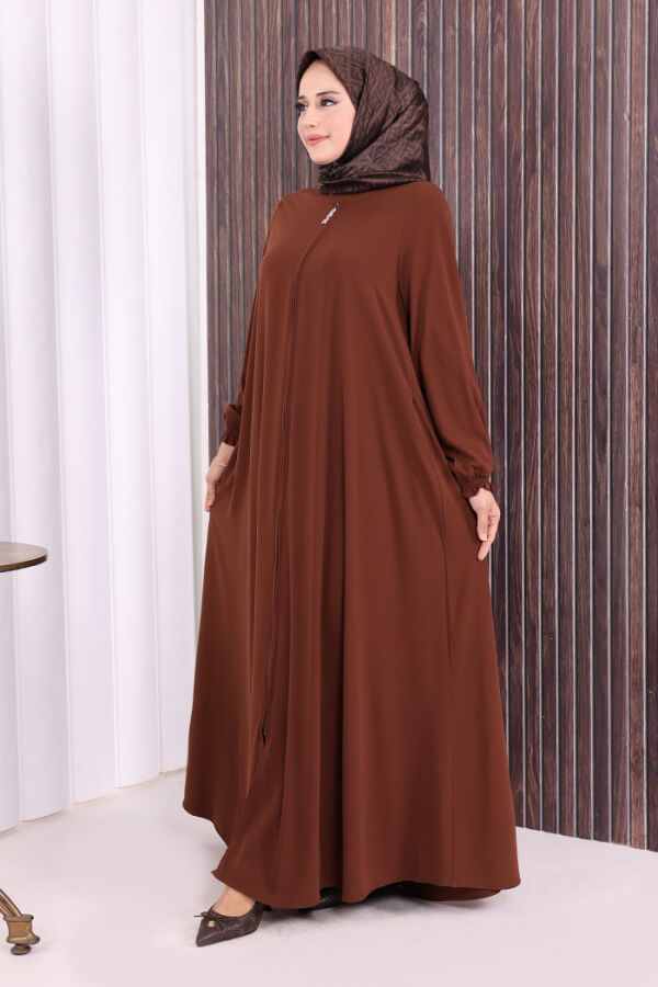 Fermuarlı Kol Manşetleri Büzgülü Mevlana Ferace 6007 Kahverengi - 4