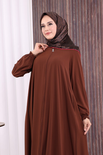 Fermuarlı Kol Manşetleri Büzgülü Mevlana Ferace 6007 Kahverengi - 5