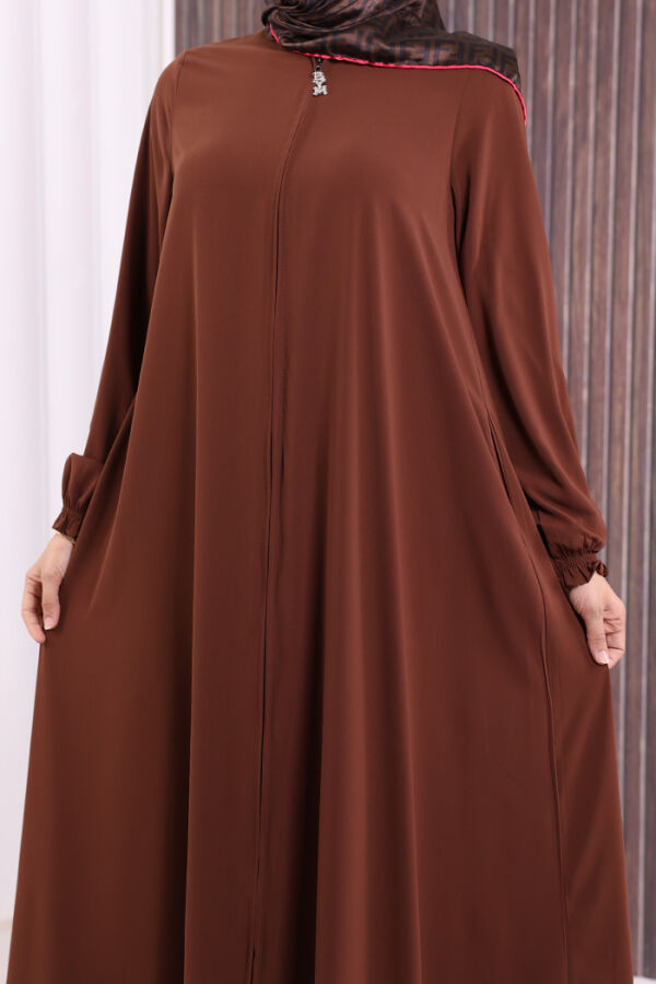 Fermuarlı Kol Manşetleri Büzgülü Mevlana Ferace 6007 Kahverengi - 6