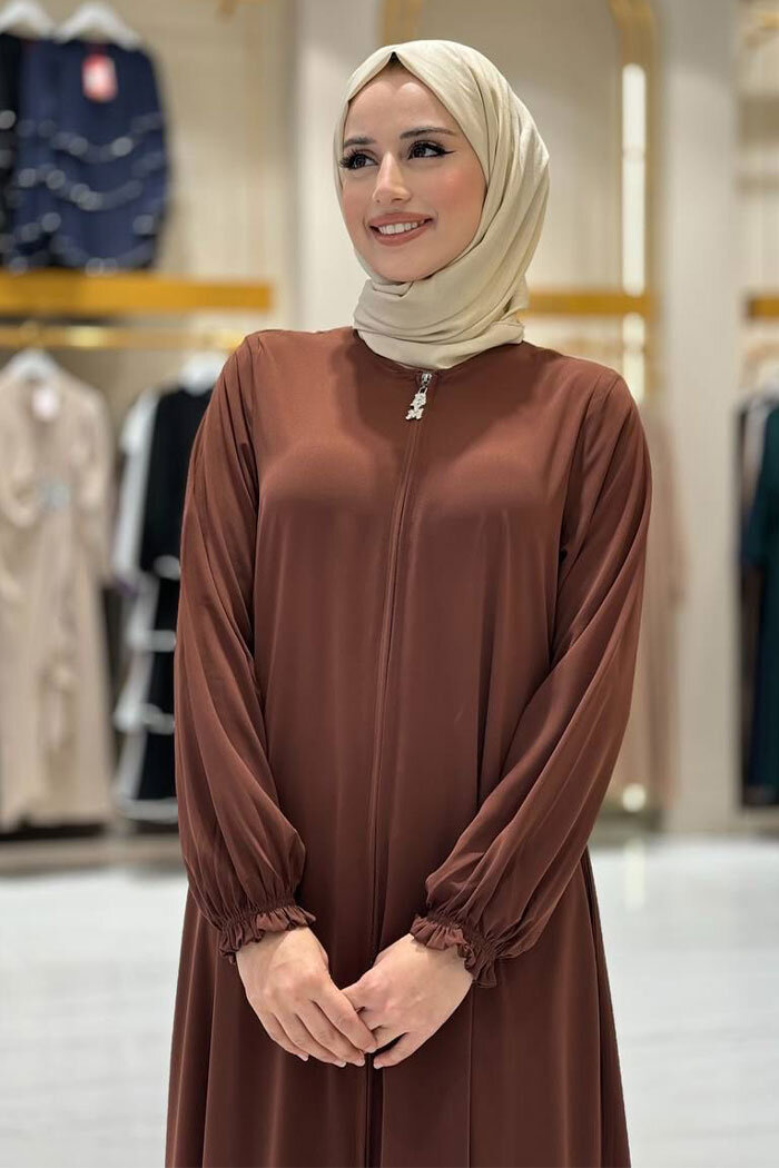Fermuarlı Kol Manşetleri Büzgülü Mevlana Ferace 6007 Kahverengi - 10