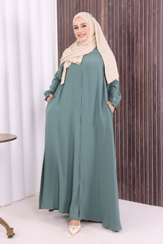 Fermuarlı Kol Manşetleri Büzgülü Mevlana Ferace 6007 Mint - Bym Fashion