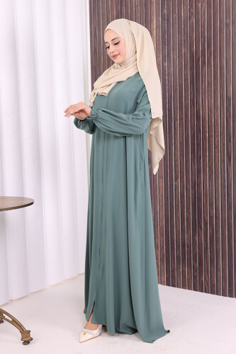 Fermuarlı Kol Manşetleri Büzgülü Mevlana Ferace 6007 Mint - 3