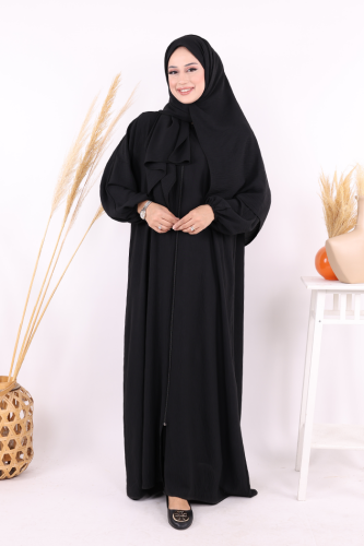 Fermuarlı Kol Manşetleri Büzgülü Mevlana Ferace 6007 Siyah - Bym Fashion
